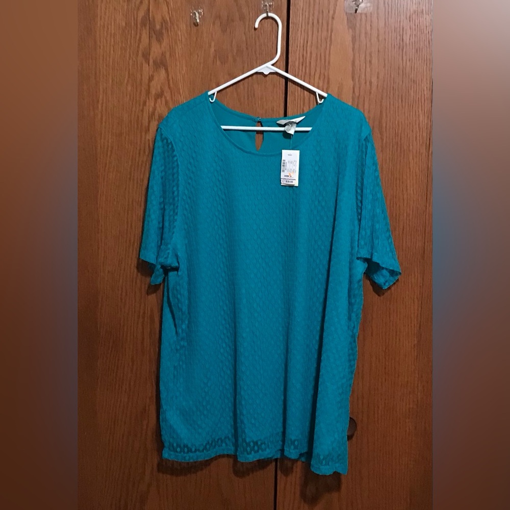 NWT CJ Banks Size 3X Teal Short-Sleeve Textured Women's Top Shirt Lined